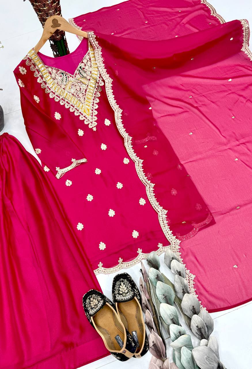 Artisan Pink Silk Embroidered Sharara Set with Dupatta