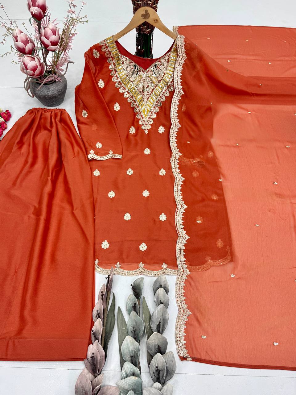 Burnt Orange Organza Sharara Set with Scallop Border Kurti