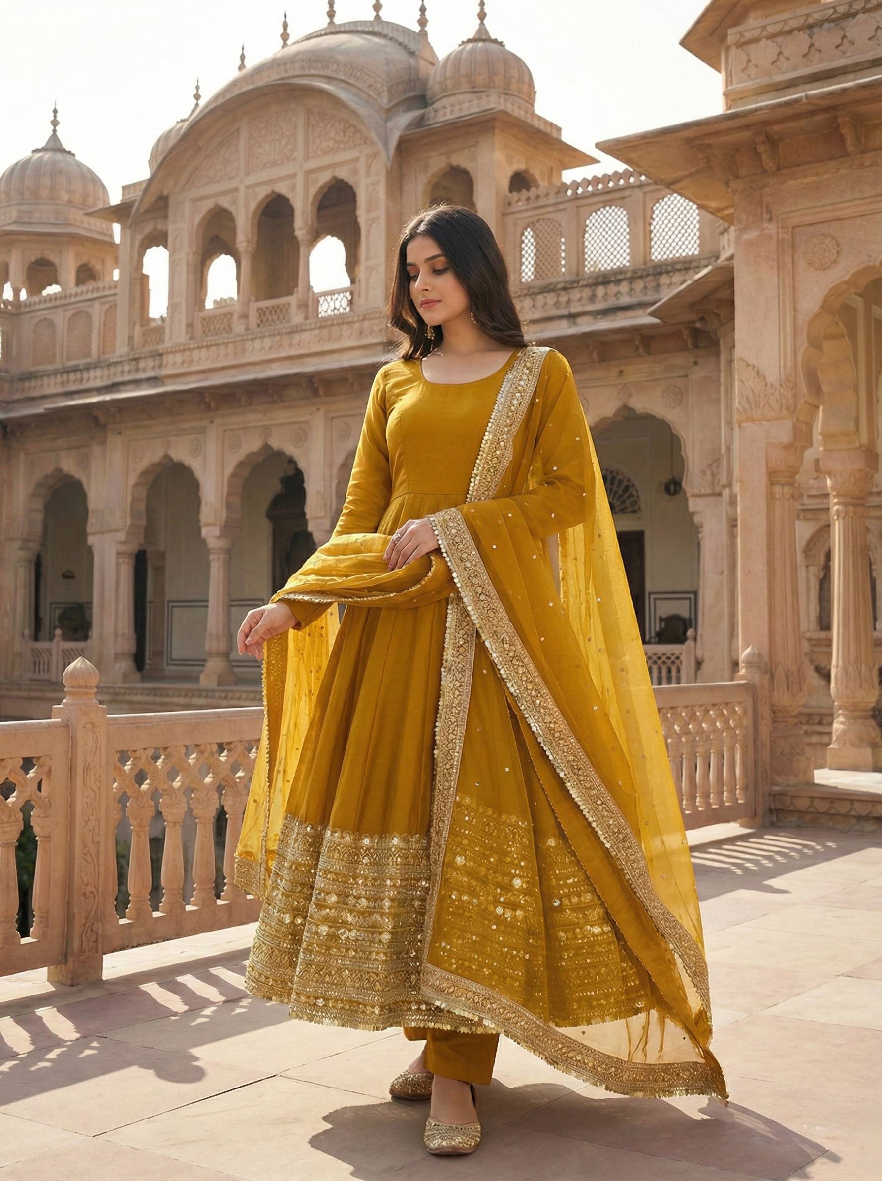 New Designer Party Wear Look Stylish Heavy Embroidery Work Gown Set