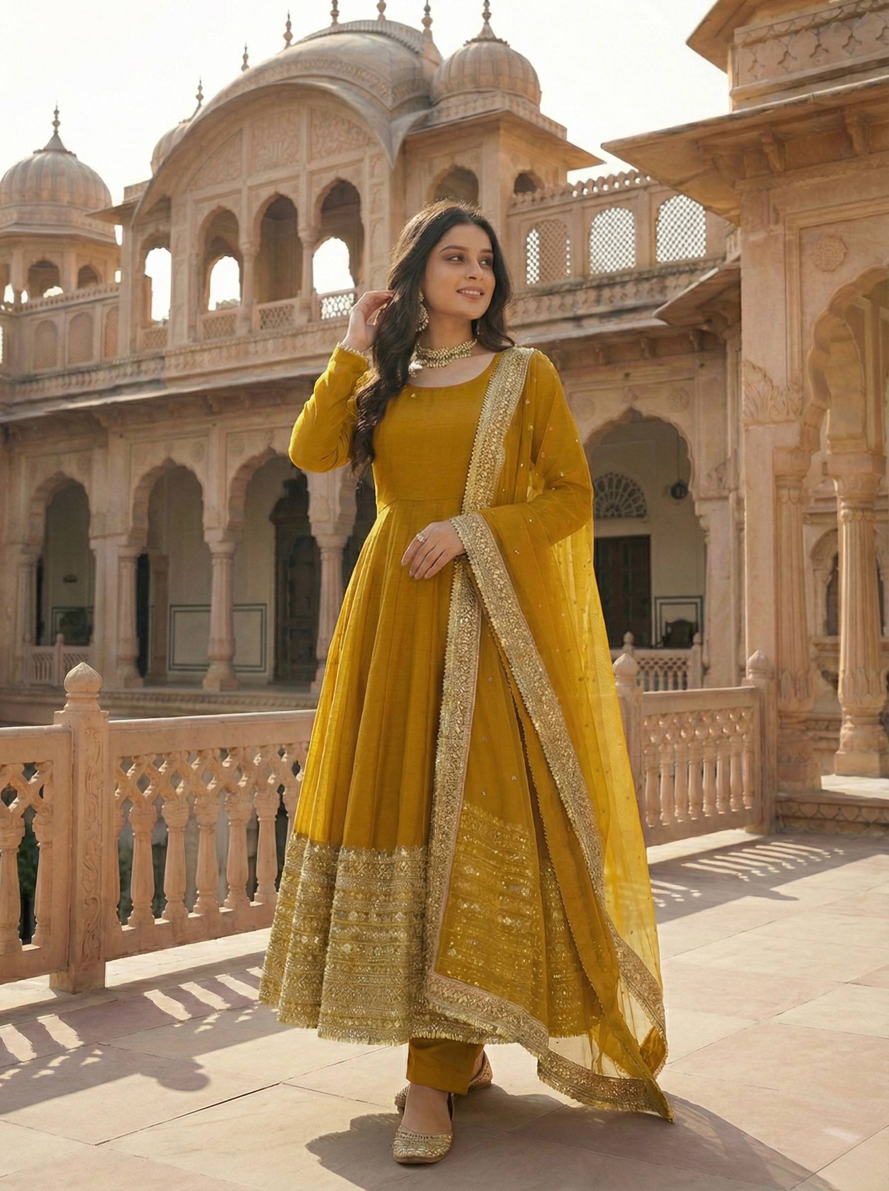 New Designer Party Wear Look Stylish Heavy Embroidery Work Gown Set