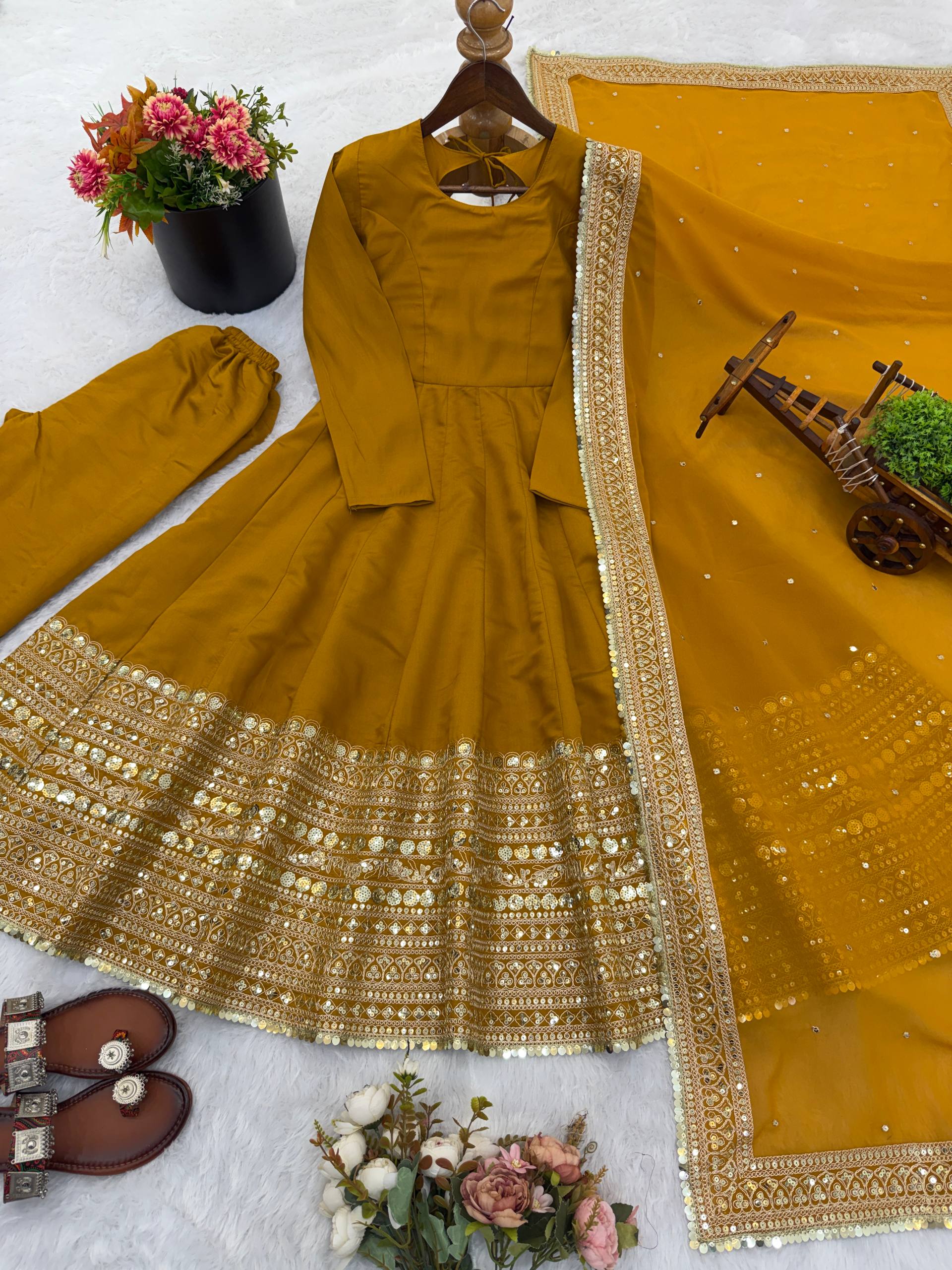 New Designer Party Wear Look Stylish Heavy Embroidery Work Gown Set