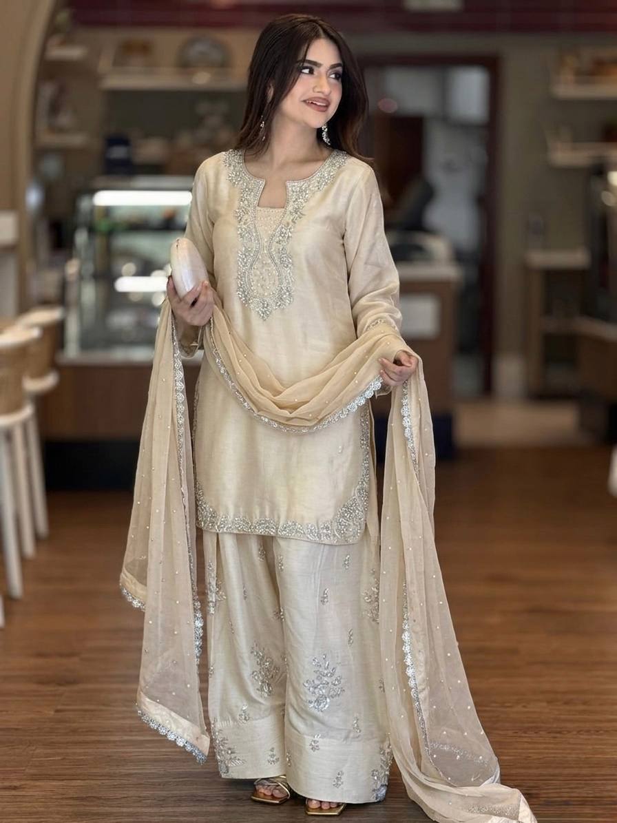 Cream Silk Blend Embroidered Kurta Farshi Salwar Set with Organza Dupatta