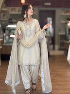 Cream Silk Blend Embroidered Kurta Farshi Salwar Set with Organza Dupatta