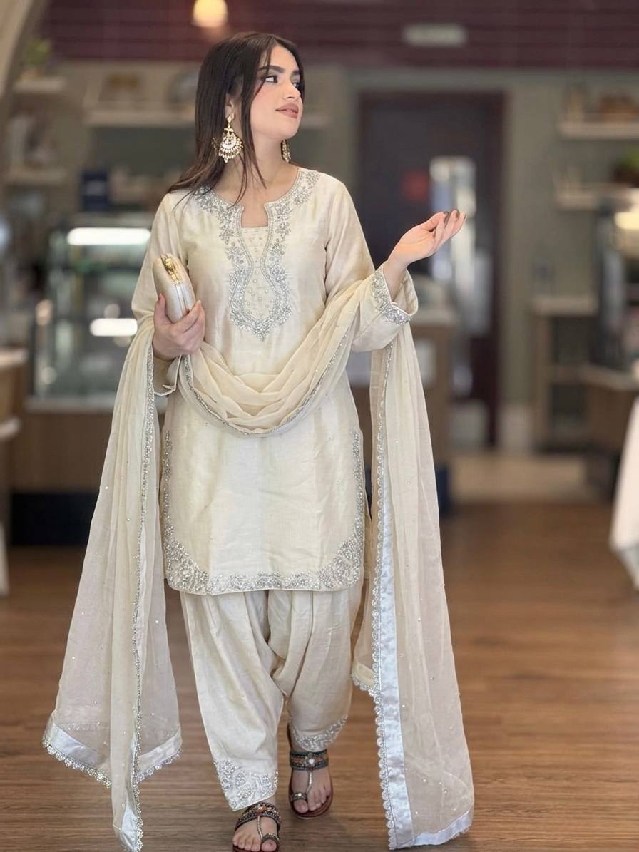 Cream Silk Blend Embroidered Kurta Farshi Salwar Set with Organza Dupatta
