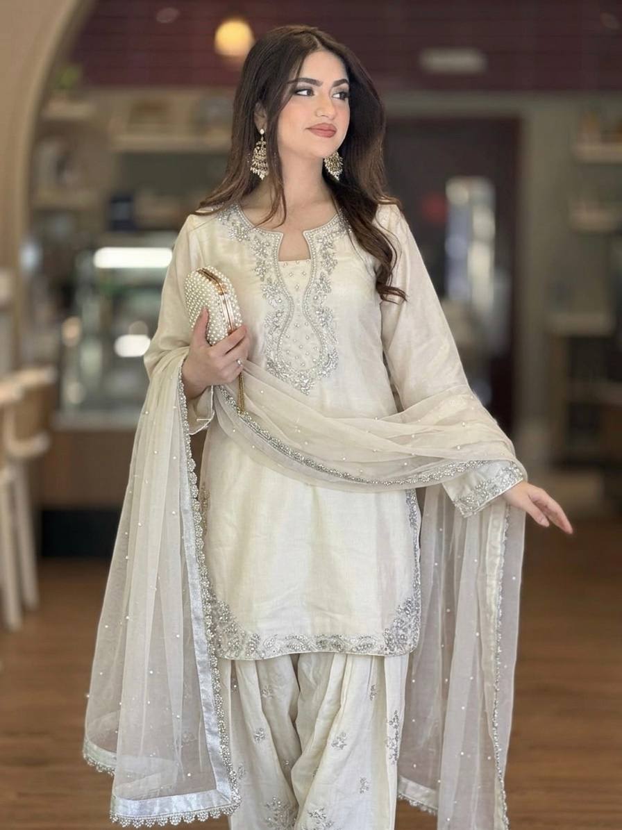 Cream Silk Blend Embroidered Kurta Farshi Salwar Set with Organza Dupatta