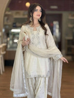Cream Silk Blend Embroidered Kurta Farshi Salwar Set with Organza Dupatta