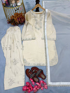 Cream Silk Blend Embroidered Kurta Farshi Salwar Set with Organza Dupatta
