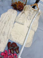 Cream Silk Blend Embroidered Kurta Farshi Salwar Set with Organza Dupatta