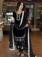 Jet Black Embroidered Glass Silk Kurta with Matching Farshi Palazzo & Organza Dupatta Set