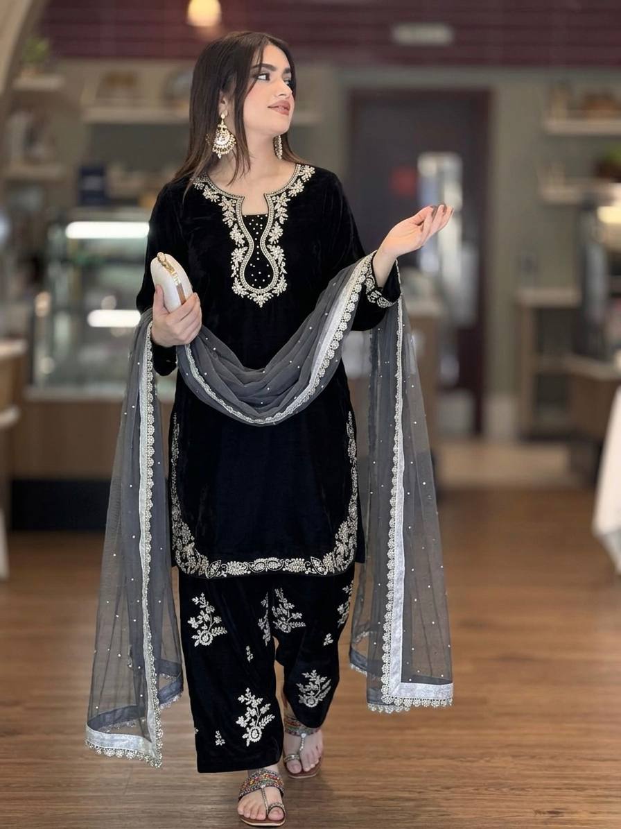 Jet Black Embroidered Glass Silk Kurta with Matching Farshi Palazzo & Organza Dupatta Set