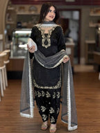Jet Black Embroidered Glass Silk Kurta with Matching Farshi Palazzo & Organza Dupatta Set