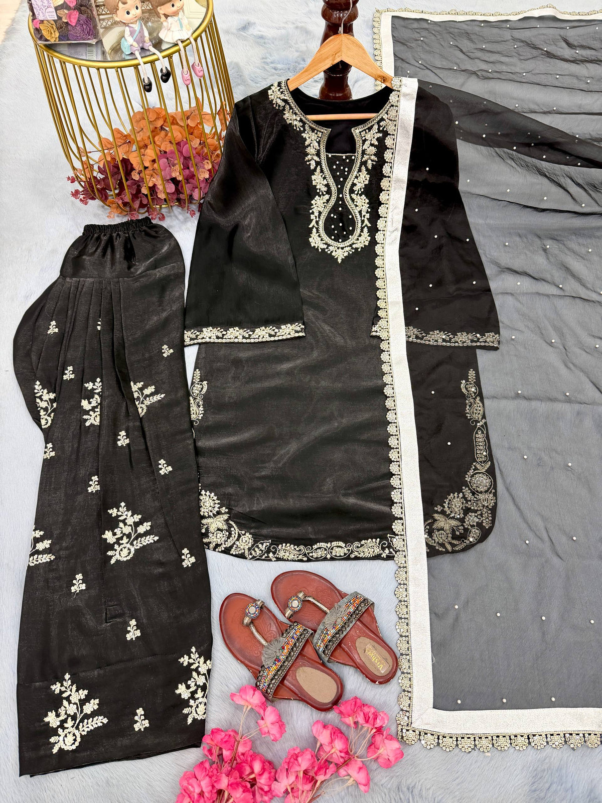 Jet Black Embroidered Glass Silk Kurta with Matching Farshi Palazzo & Organza Dupatta Set