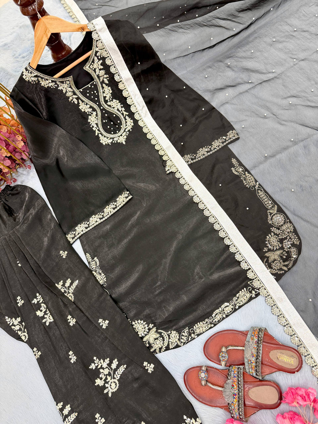 Jet Black Embroidered Glass Silk Kurta with Matching Farshi Palazzo & Organza Dupatta Set