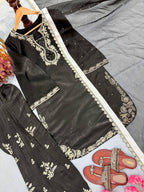 Jet Black Embroidered Glass Silk Kurta with Matching Farshi Palazzo & Organza Dupatta Set