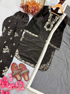 Jet Black Embroidered Glass Silk Kurta with Matching Farshi Palazzo & Organza Dupatta Set