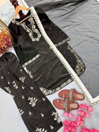 Jet Black Embroidered Glass Silk Kurta with Matching Farshi Palazzo & Organza Dupatta Set