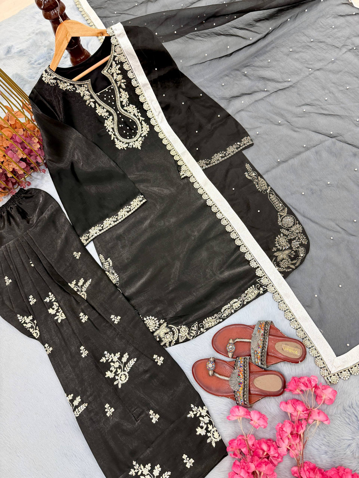 Jet Black Embroidered Glass Silk Kurta with Matching Farshi Palazzo & Organza Dupatta Set