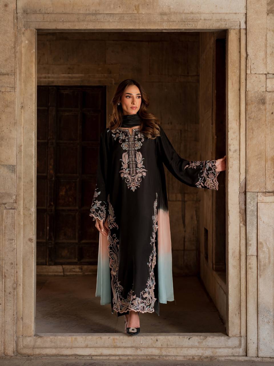 Black Embroidered Kaftan Suit with Shaded Ombre Dupatta - 3 Piece Set