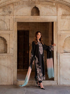 Black Embroidered Kaftan Suit with Shaded Ombre Dupatta - 3 Piece Set