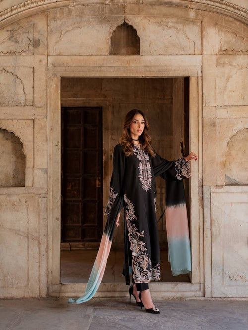 Black Embroidered Kaftan Suit with Shaded Ombre Dupatta - 3 Piece Set