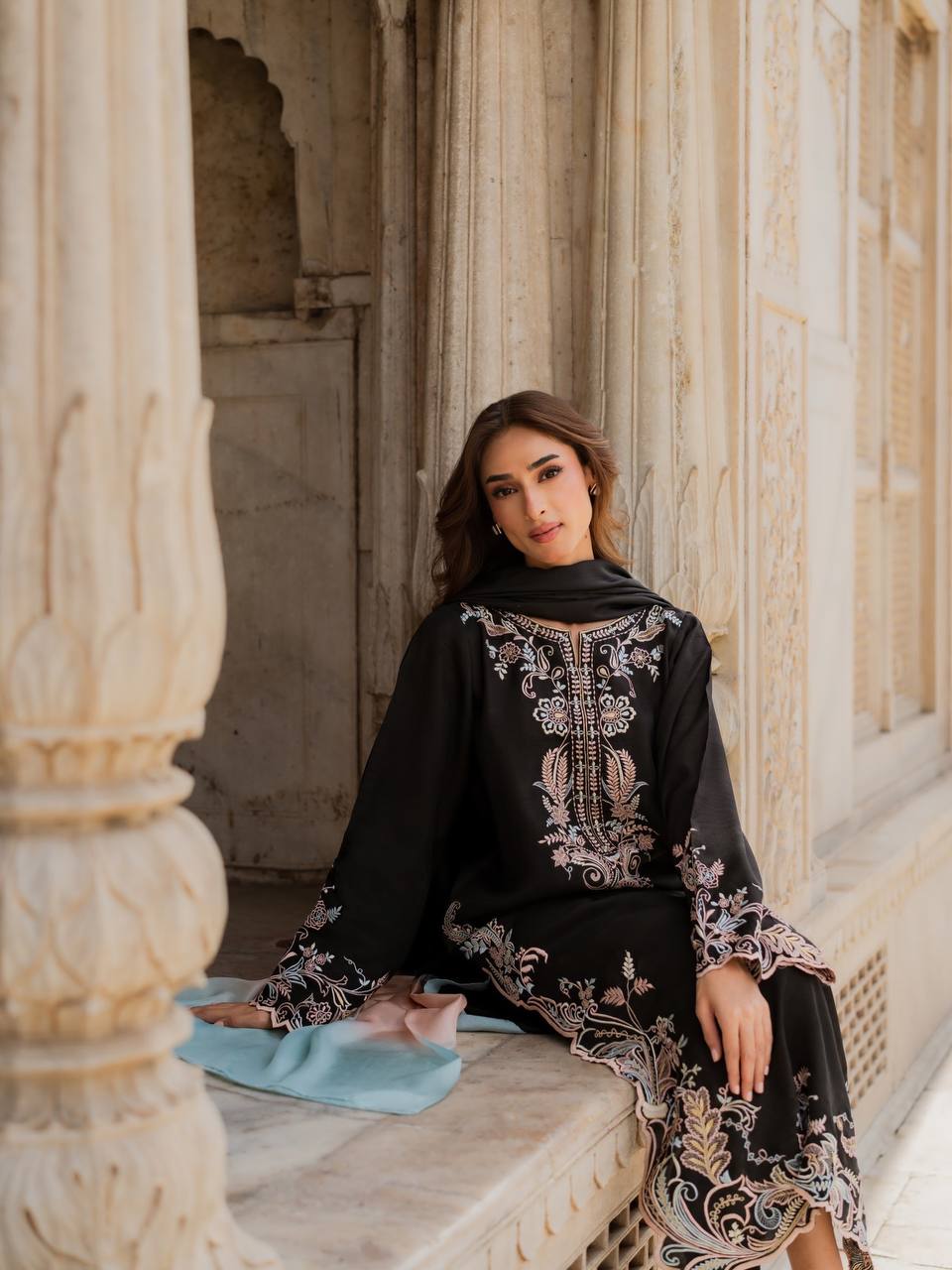 Black Embroidered Kaftan Suit with Shaded Ombre Dupatta - 3 Piece Set