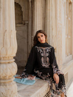 Black Embroidered Kaftan Suit with Shaded Ombre Dupatta - 3 Piece Set