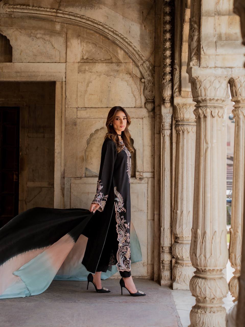 Black Embroidered Kaftan Suit with Shaded Ombre Dupatta - 3 Piece Set