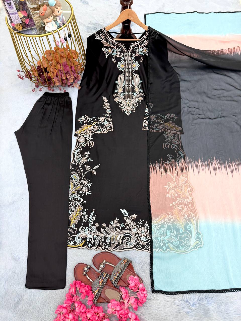 Black Embroidered Kaftan Suit with Shaded Ombre Dupatta - 3 Piece Set