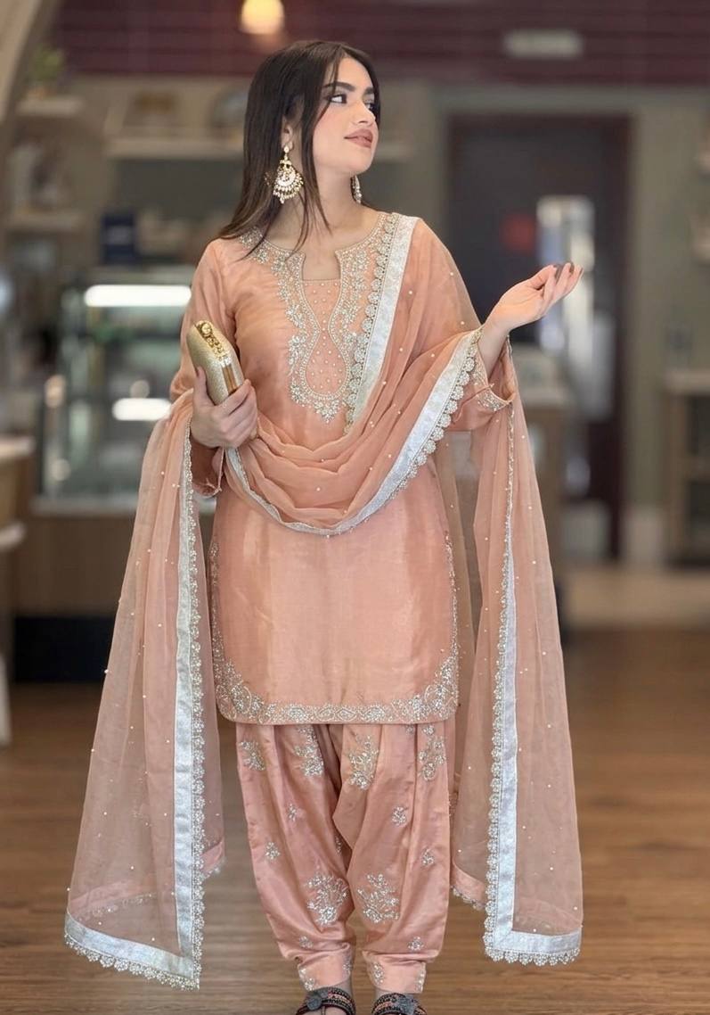 Blush Peach Roman Silk Heavy Embroidered Kurta and Farshi Shalwar Set