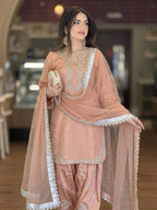 Blush Peach Roman Silk Heavy Embroidered Kurta and Farshi Shalwar Set