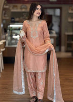 Blush Peach Roman Silk Heavy Embroidered Kurta and Farshi Shalwar Set