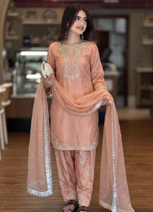 Blush Peach Roman Silk Heavy Embroidered Kurta and Farshi Shalwar Set