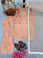 Blush Peach Roman Silk Heavy Embroidered Kurta and Farshi Shalwar Set