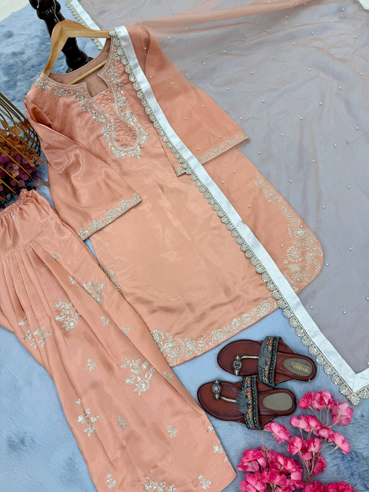 Blush Peach Roman Silk Heavy Embroidered Kurta and Farshi Shalwar Set