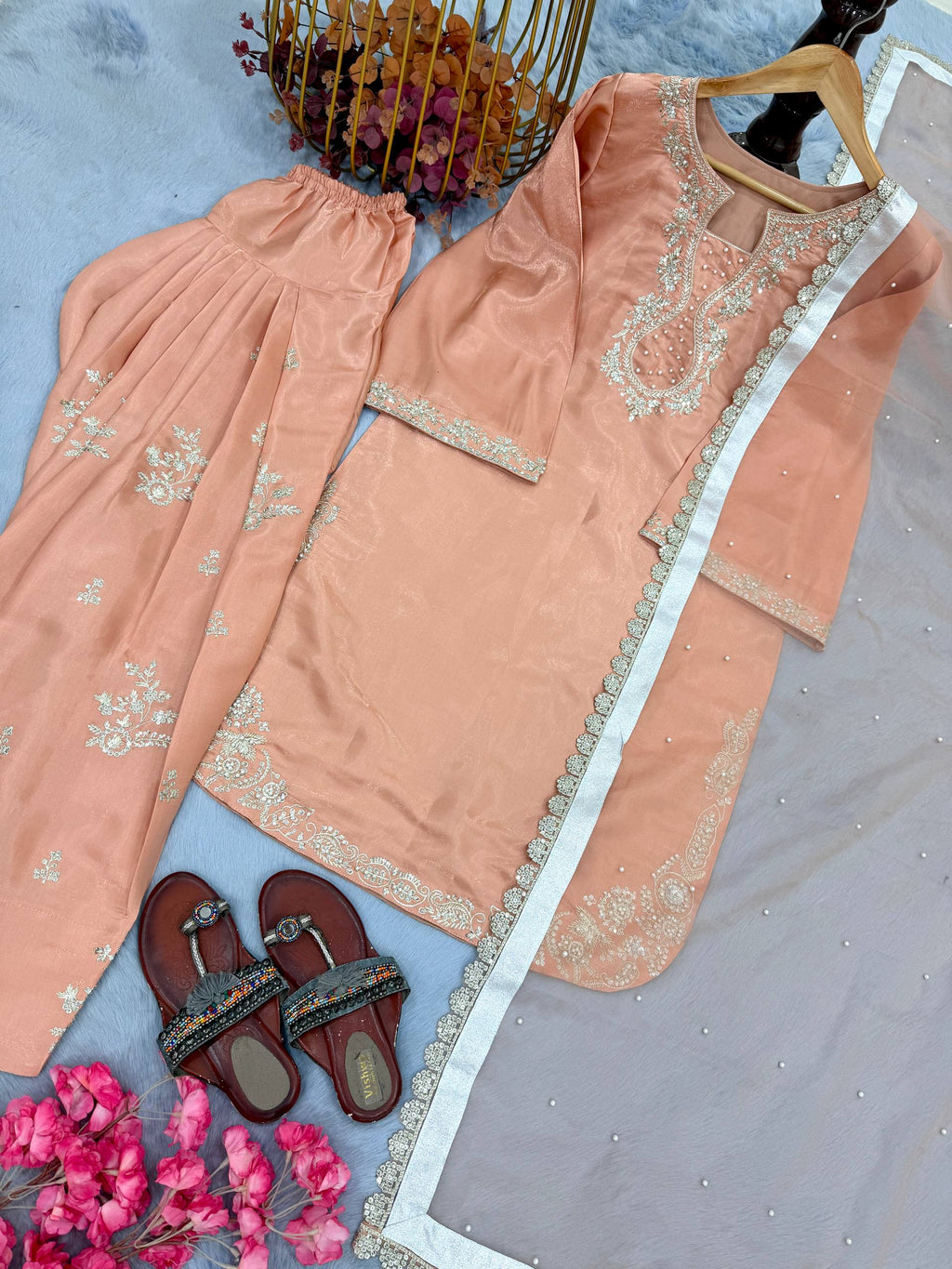 Blush Peach Roman Silk Heavy Embroidered Kurta and Farshi Shalwar Set