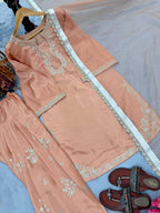 Blush Peach Roman Silk Heavy Embroidered Kurta and Farshi Shalwar Set