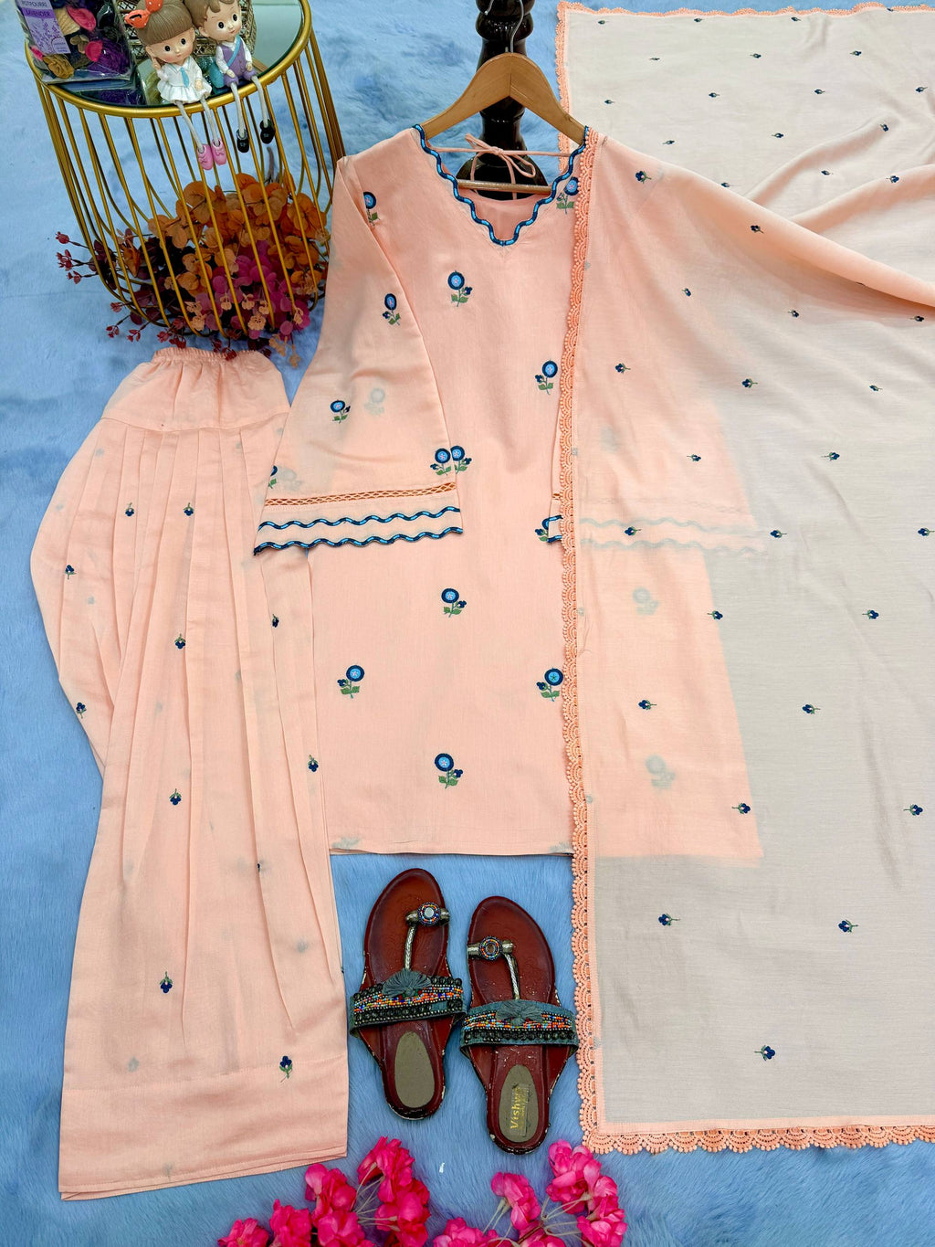 Pastel Peach Ethnic Motifs Embroidered Kurta Set with Dupatta
