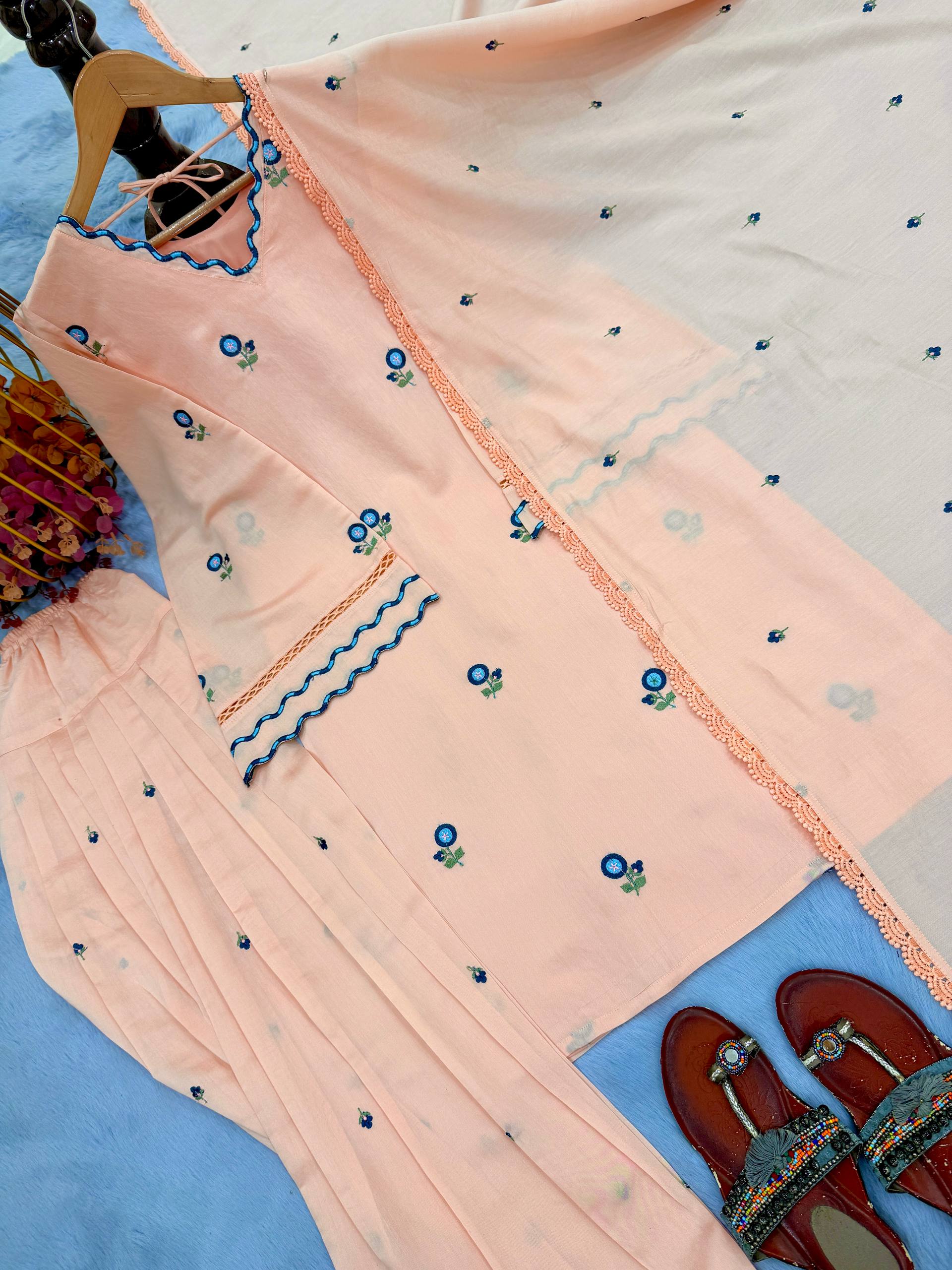 Pastel Peach Ethnic Motifs Embroidered Kurta Set with Dupatta