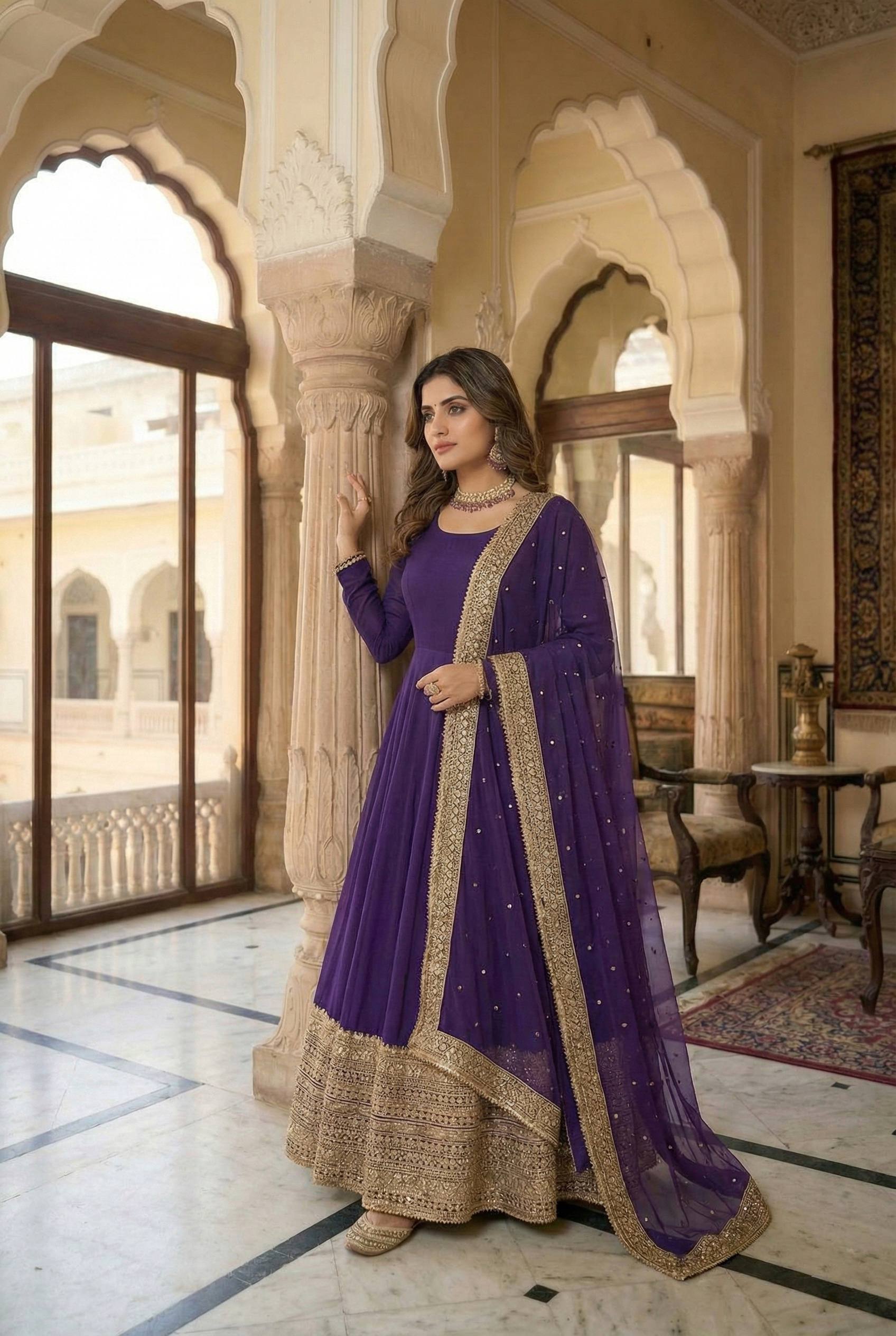 New Designer Party Wear Look Stylish Heavy Embroidery Work Gown Set