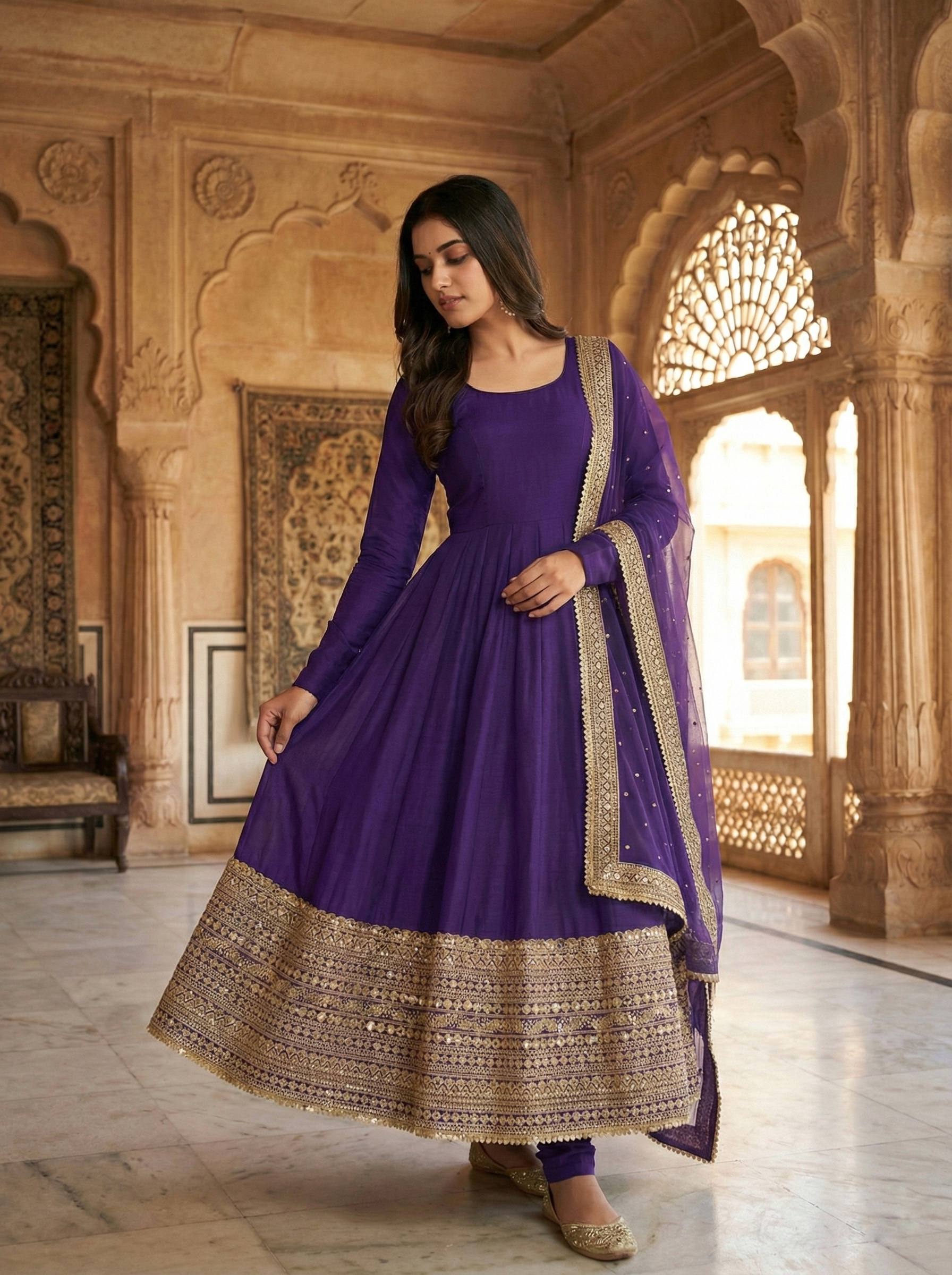 New Designer Party Wear Look Stylish Heavy Embroidery Work Gown Set