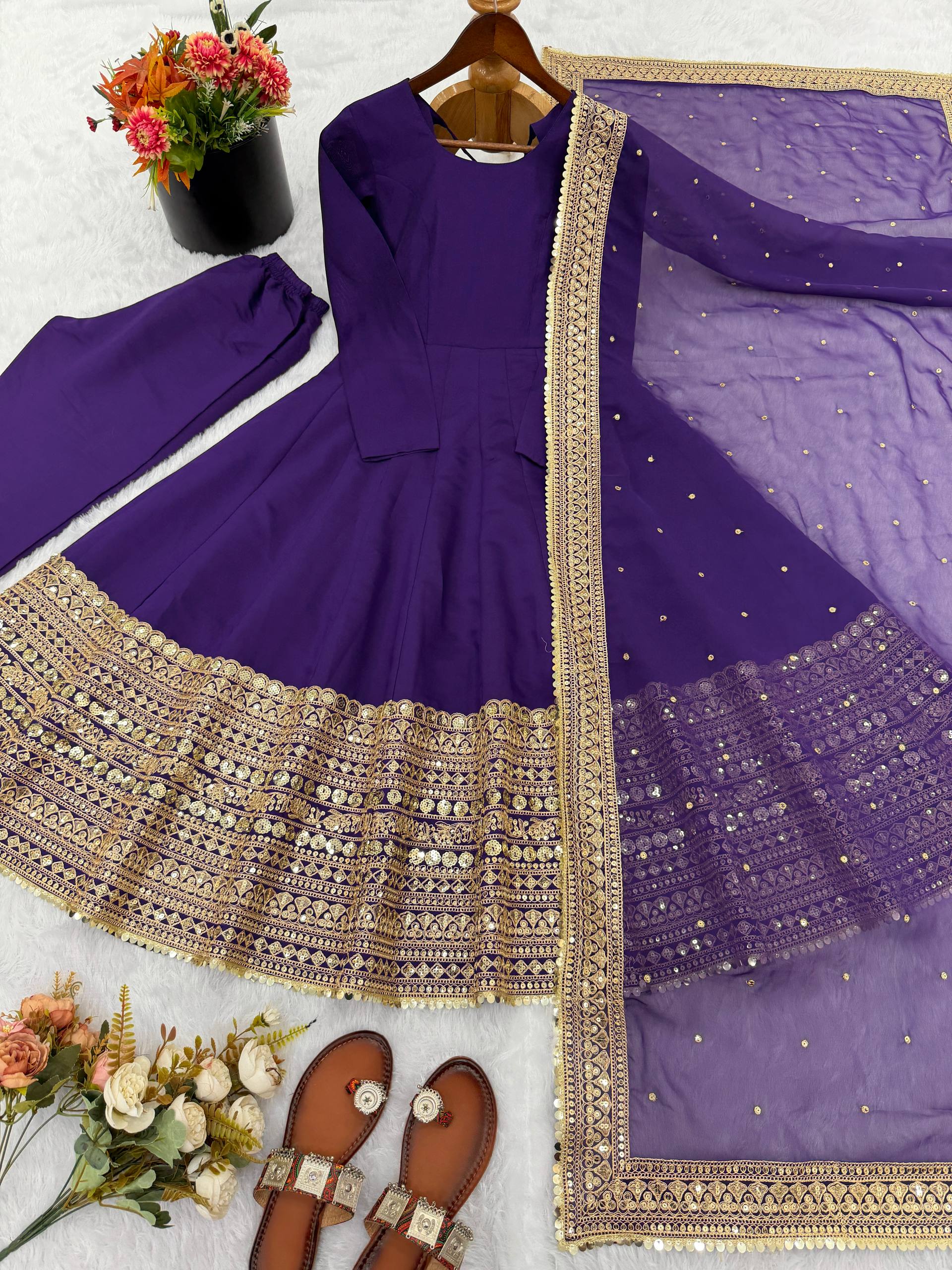 New Designer Party Wear Look Stylish Heavy Embroidery Work Gown Set