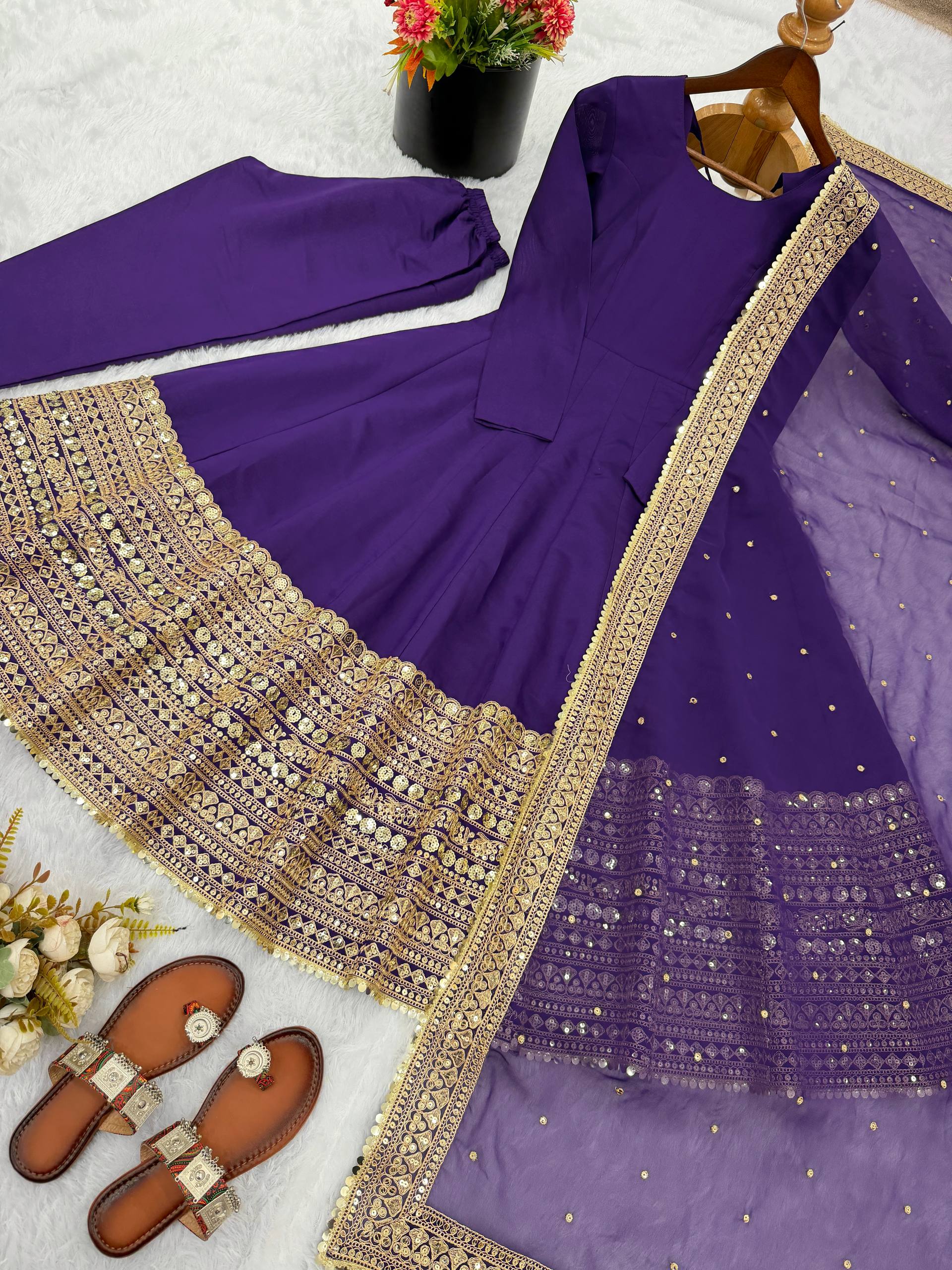 New Designer Party Wear Look Stylish Heavy Embroidery Work Gown Set