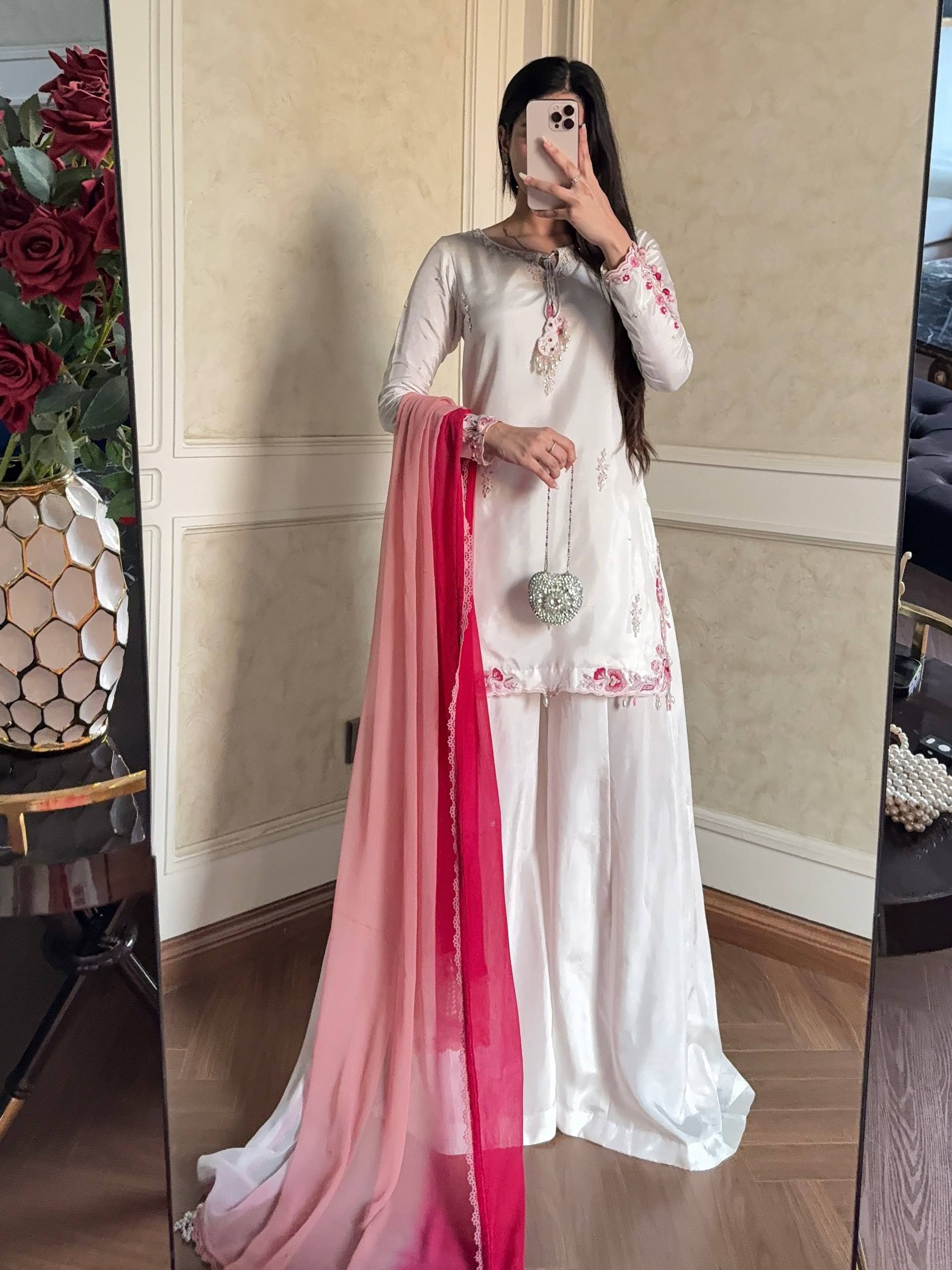 Ivory Crepe Silk Embroidered Sharara Set with Ombre Pink Dupatta
