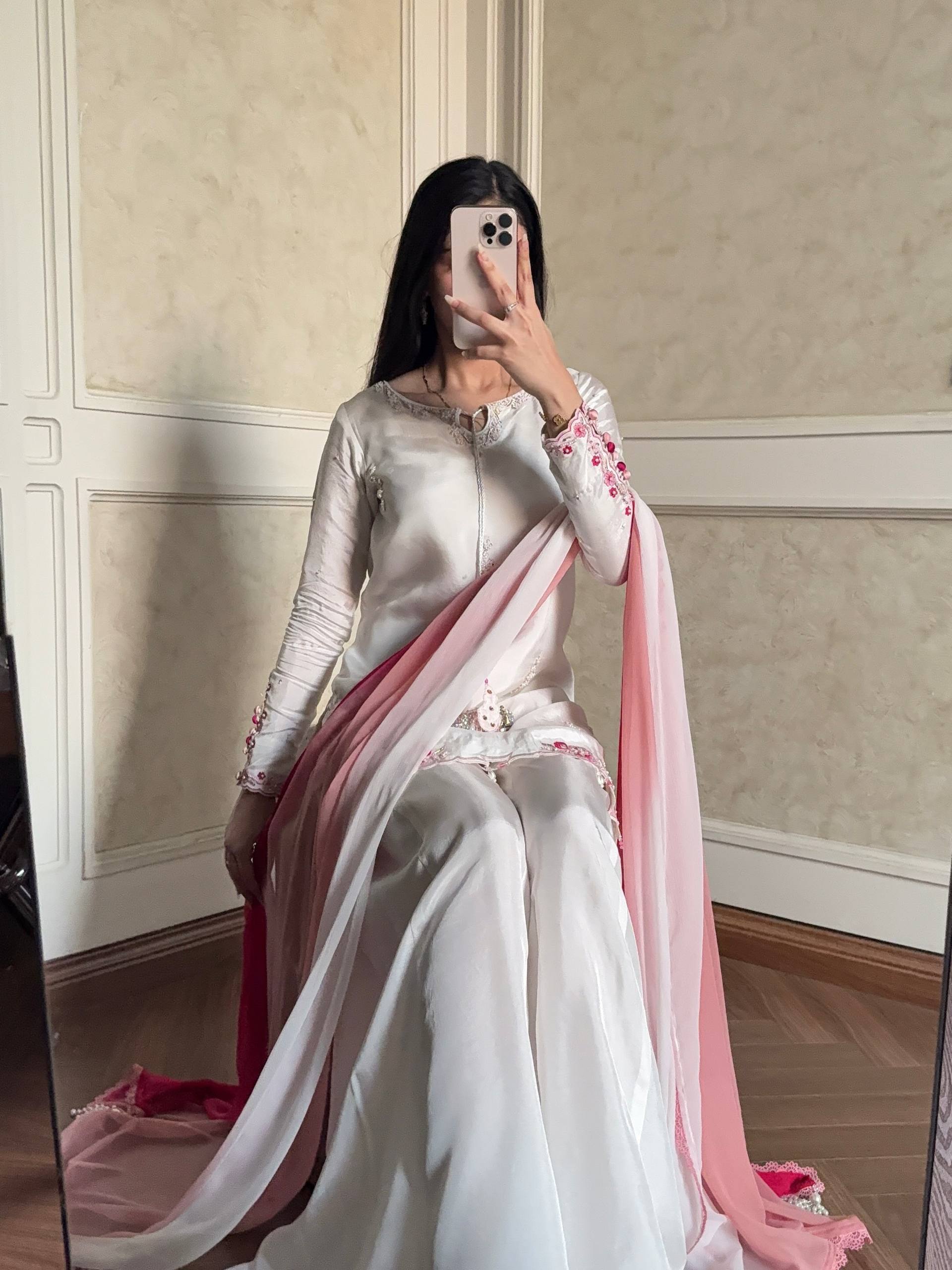 Ivory Crepe Silk Embroidered Sharara Set with Ombre Pink Dupatta