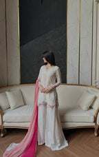 Ivory Crepe Silk Embroidered Sharara Set with Ombre Pink Dupatta