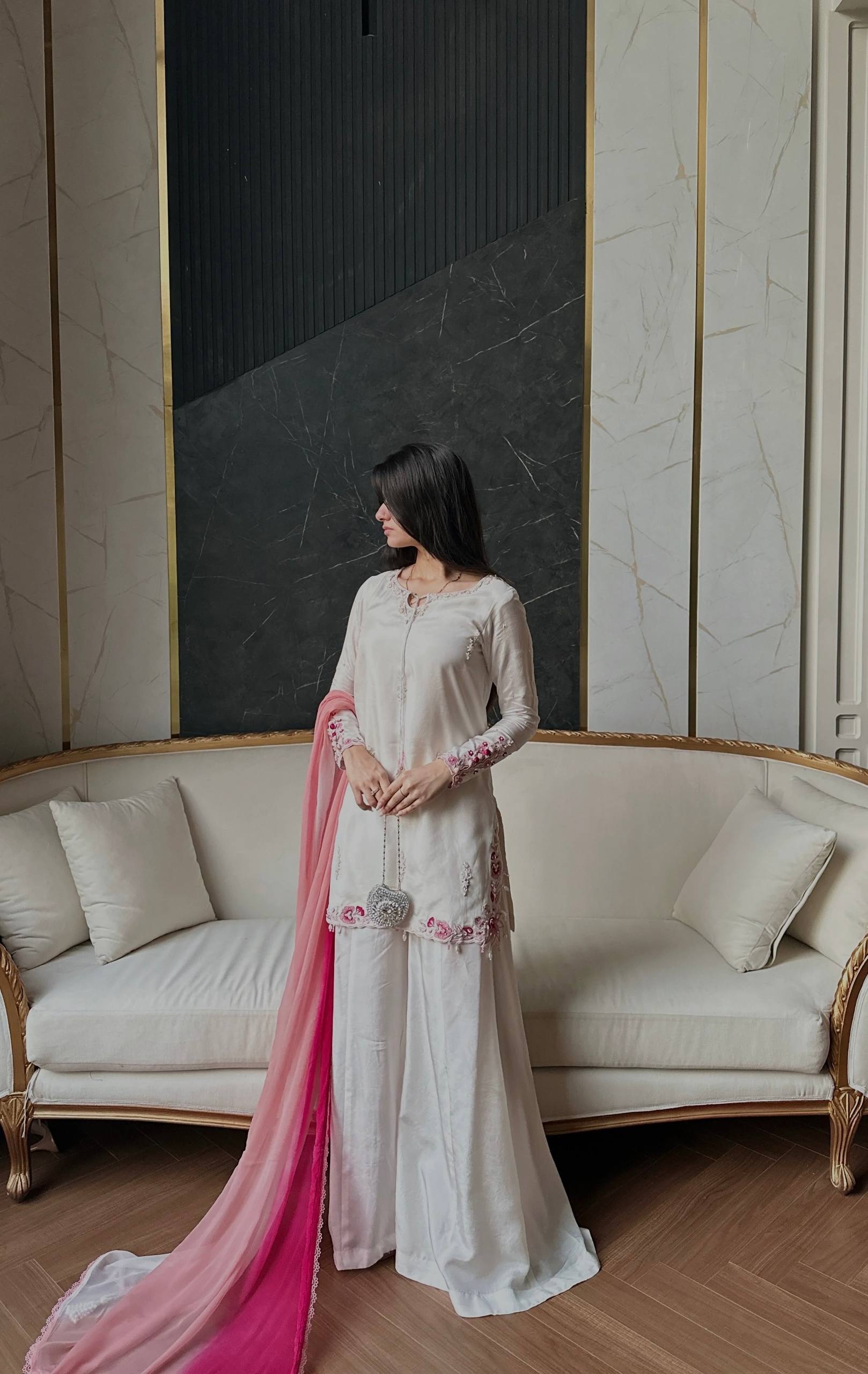 Ivory Crepe Silk Embroidered Sharara Set with Ombre Pink Dupatta