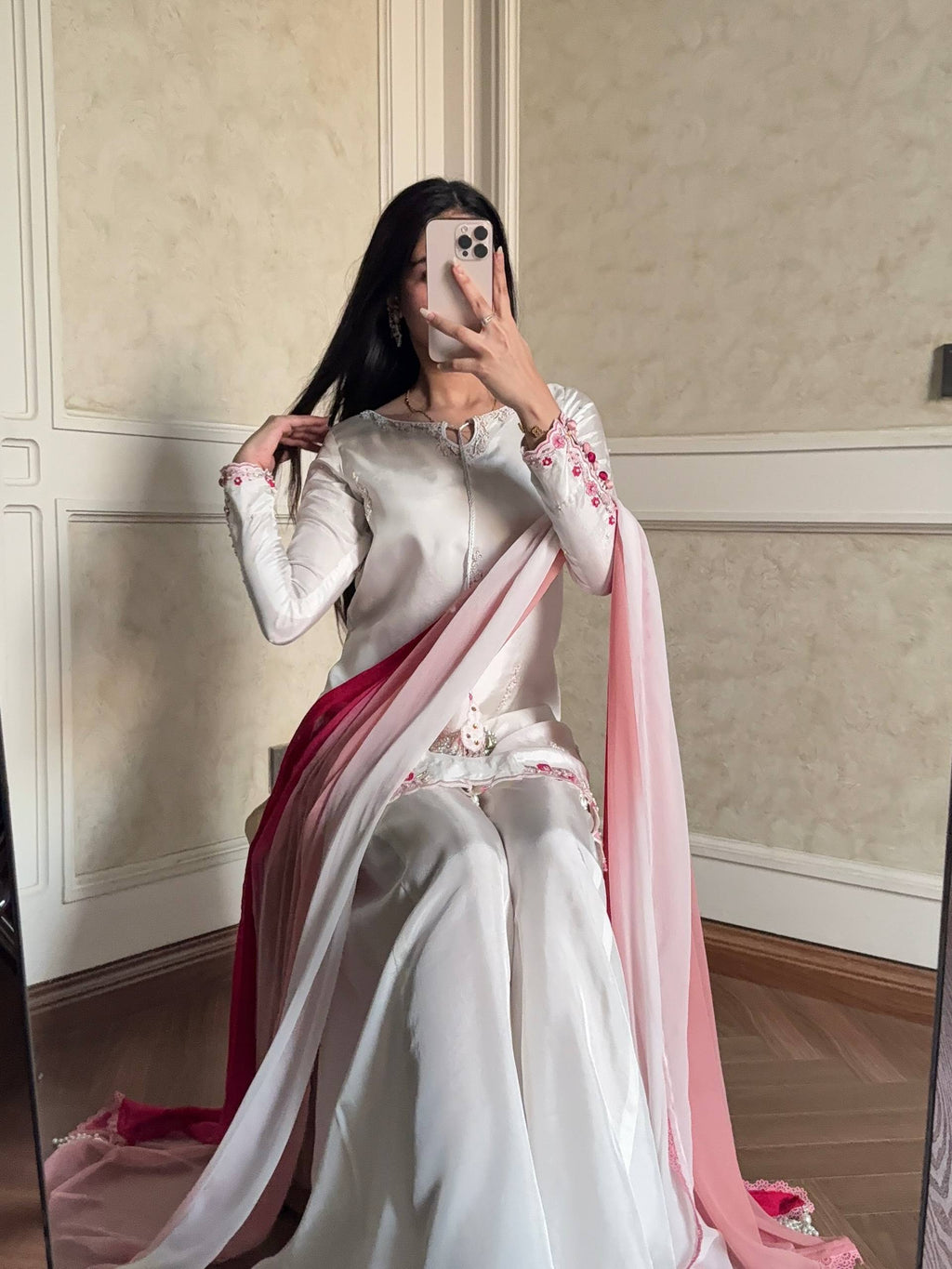 Ivory Crepe Silk Embroidered Sharara Set with Ombre Pink Dupatta