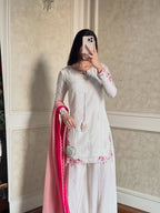 Ivory Crepe Silk Embroidered Sharara Set with Ombre Pink Dupatta