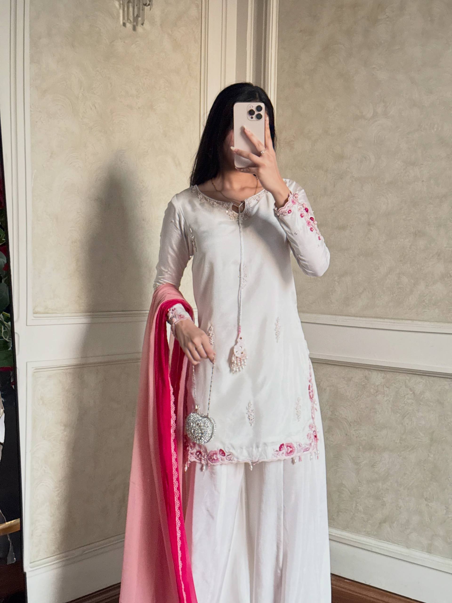 Ivory Crepe Silk Embroidered Sharara Set with Ombre Pink Dupatta