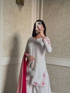 Ivory Crepe Silk Embroidered Sharara Set with Ombre Pink Dupatta